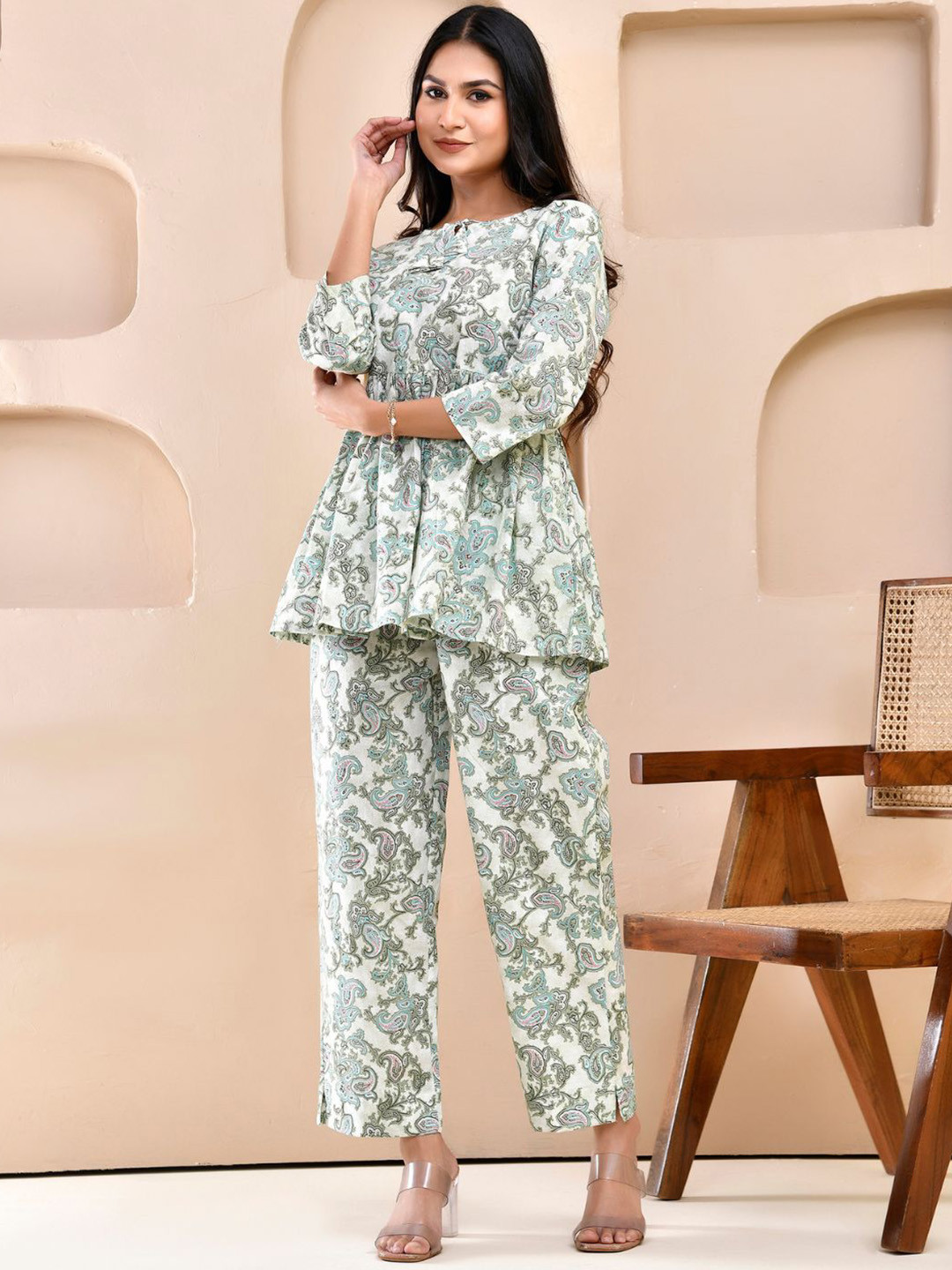 POISED Printed Round Neck Pure Cotton Tunic With Trouser