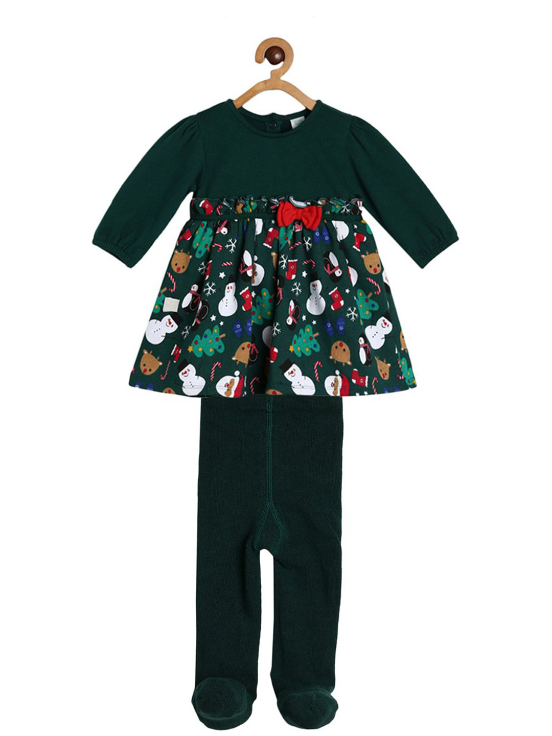 MINI KLUB Girls Conversational Printed Round Neck Cotton Dress With Stockings