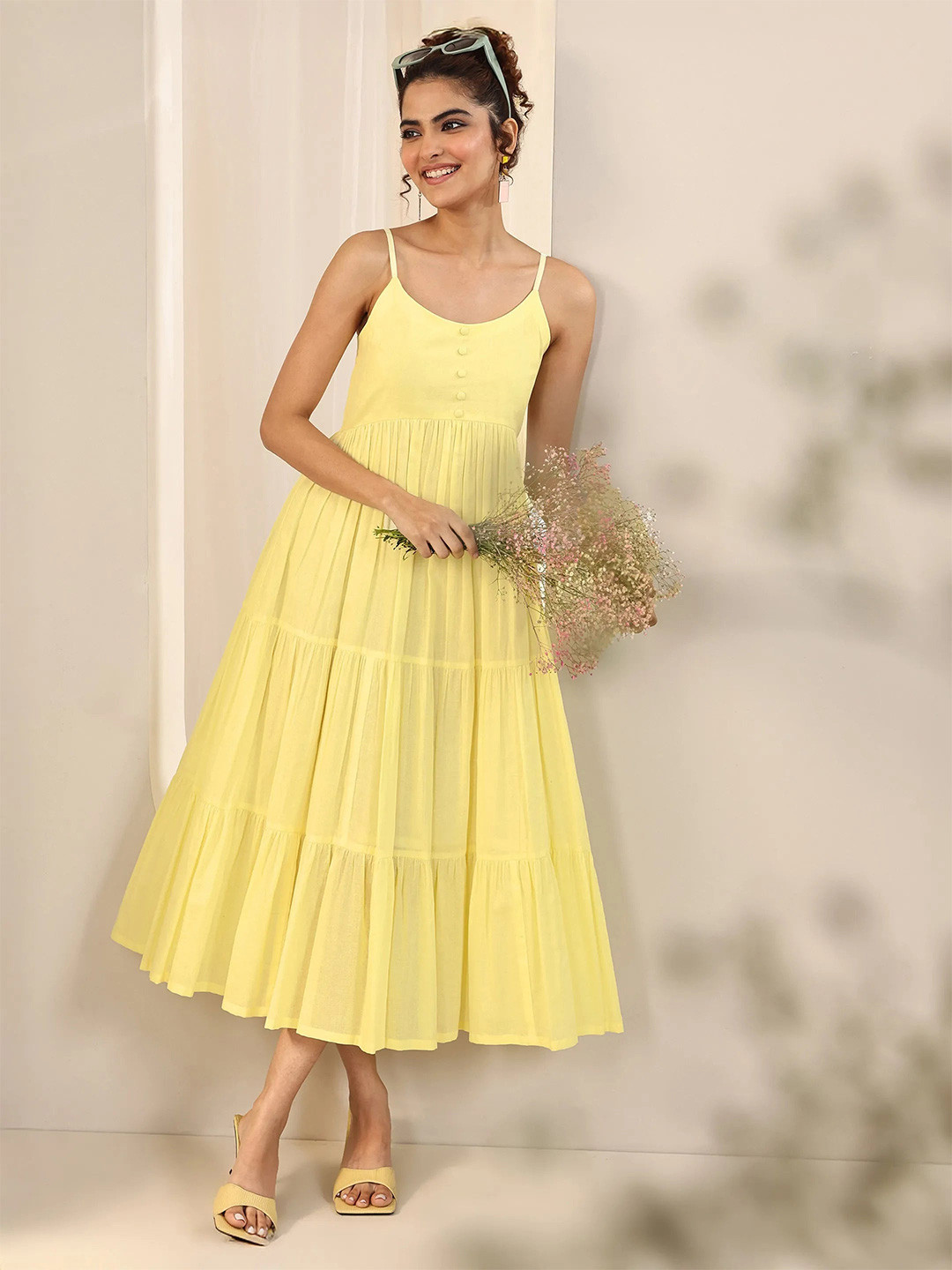 Libas  Women Shoulder Straps Smocked Cotton Fit & Flare Midi Dress