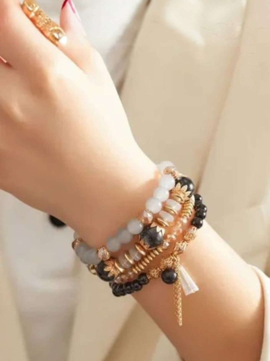 ROYAL NEEDS Set Of 4 Artificial Beaded Multilayer Flexible Elasticated Bracelets