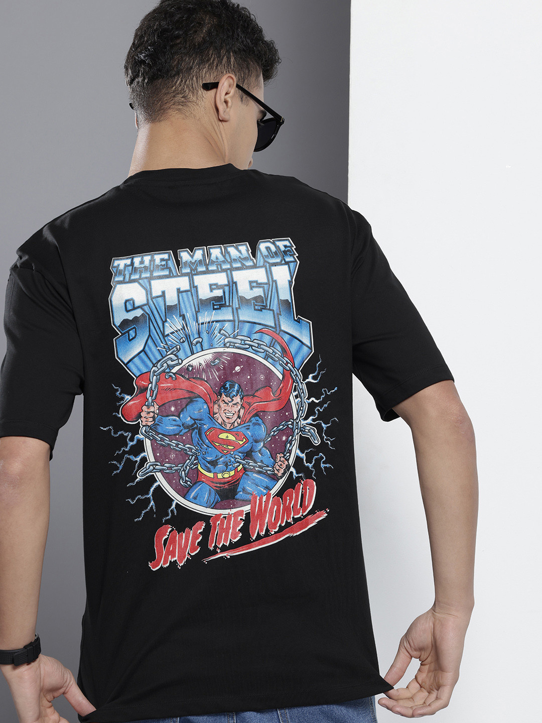 The Indian Garage Co Superman Printed Drop-Shoulder Sleeves Pure Cotton Relaxed T-shirt