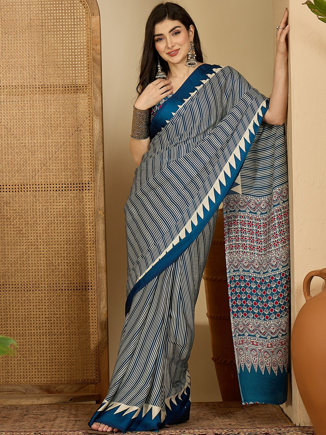 Sangria Women Teal Striped Ethnic Satin Saree With Blouse Piece