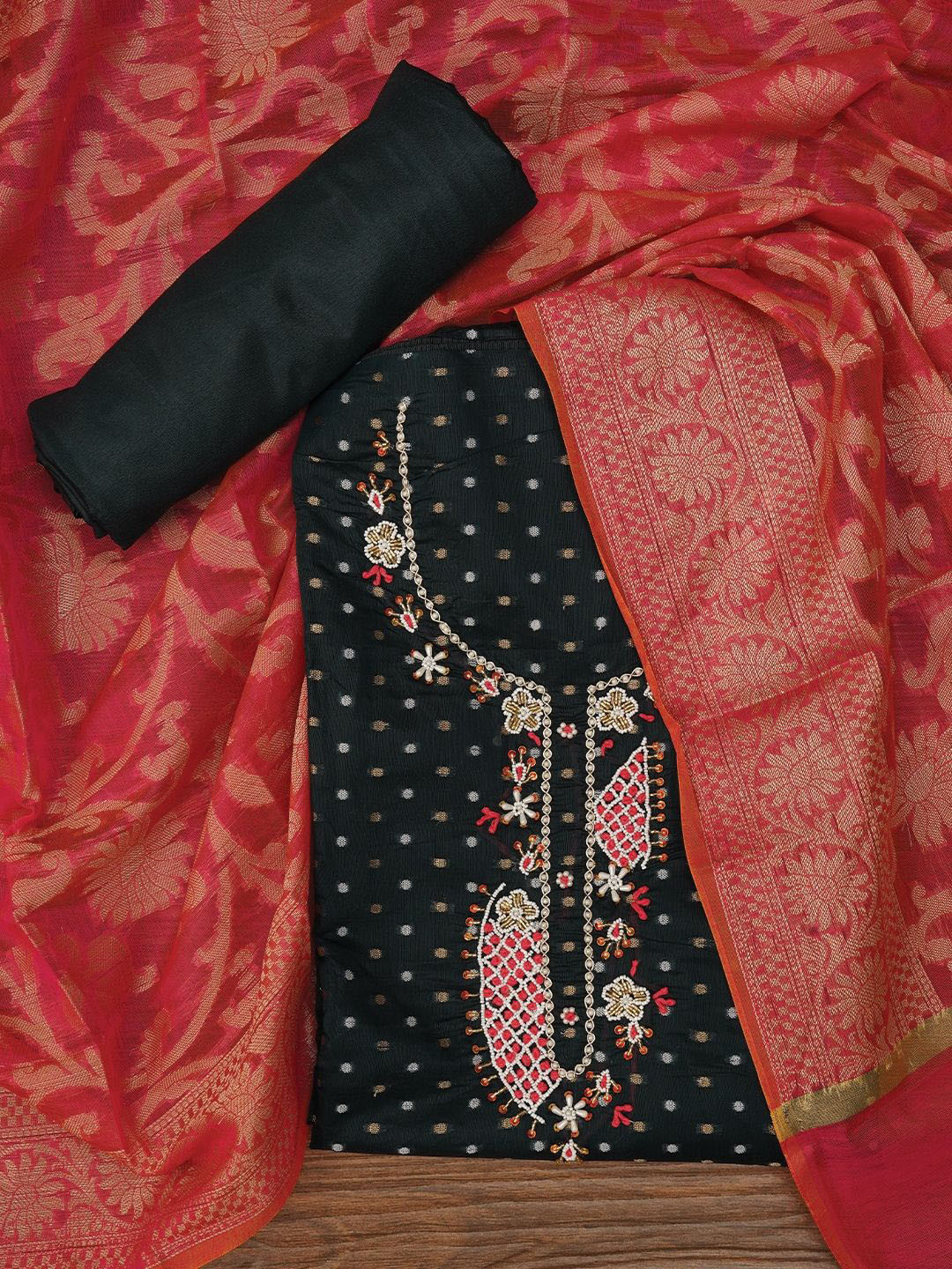 Desi Fusion Floral Woven Design Beads & Stones Unstitched Dress Material