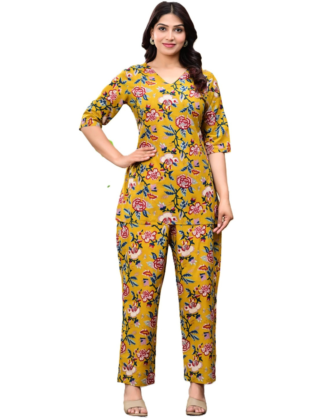 PUSHPRAJ FASHION Women's Floral Print Cotton Kurti & Pant Set || 3/4 Sleeve Top With Pants For Girls (IN, Alpha, L, Regular, Yellow)