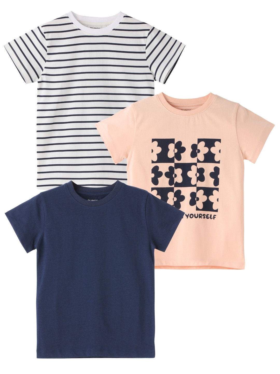 Nuego Girls Pack Of 3 Stripe Print Bio Finish Round Neck Half Sleeve Cotton T-shirts