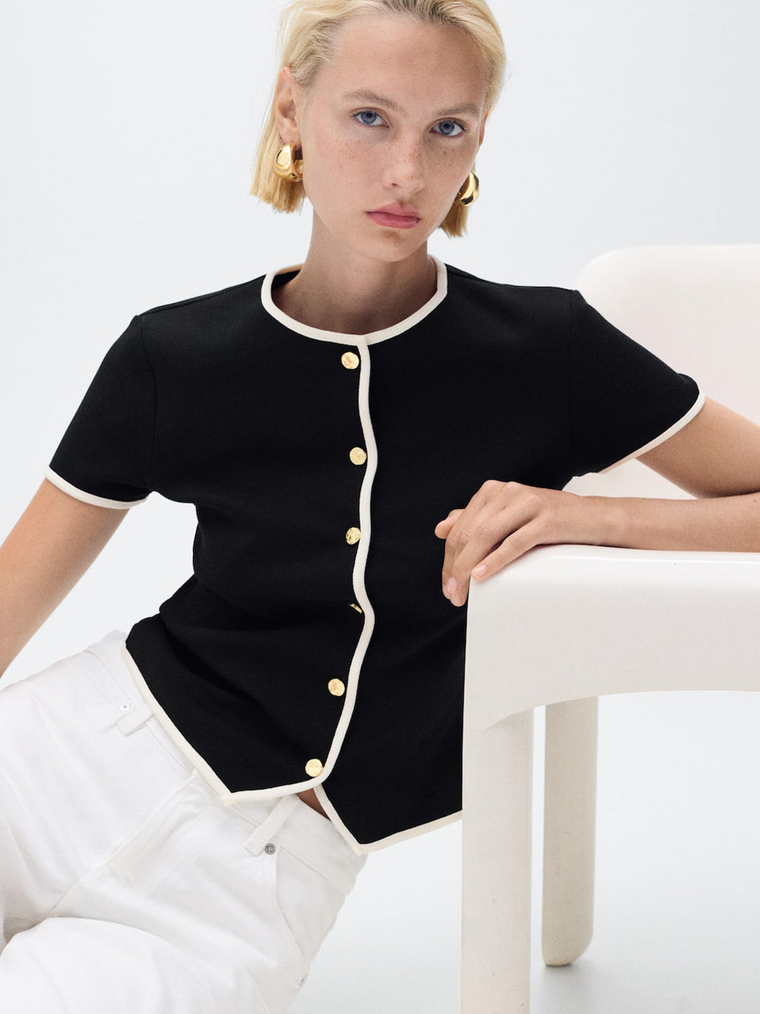 MANGO Monochrome Cotton Crop Top with Contrasting Edges
