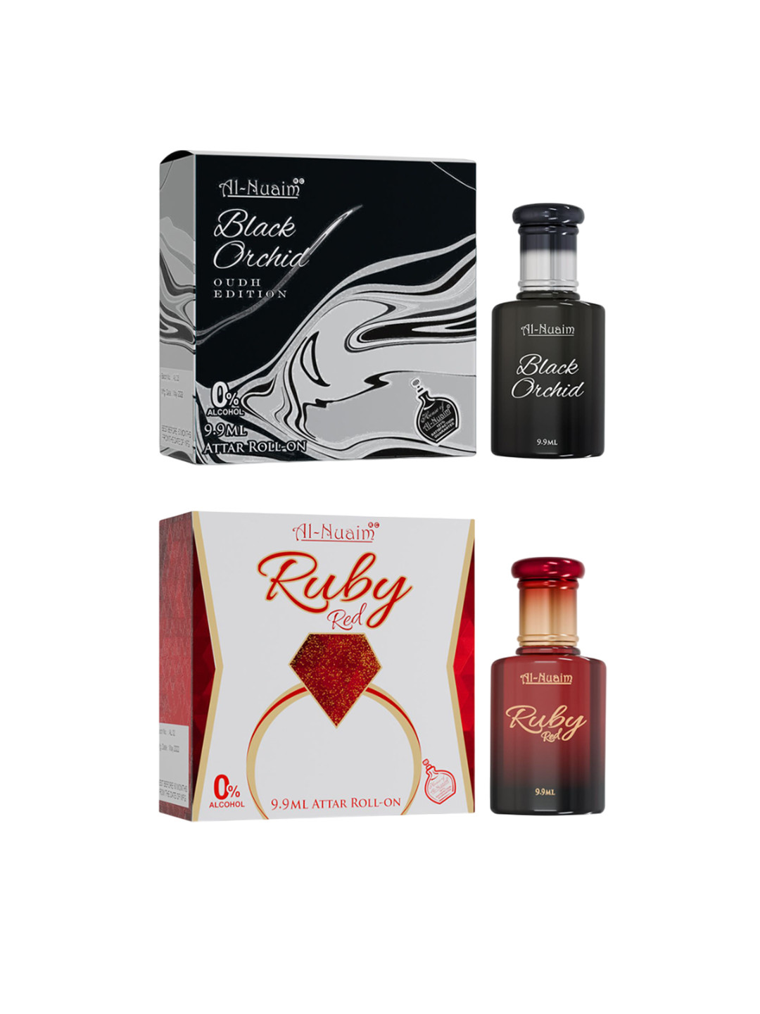 Al-Nuaim Set Of 2 Alcohol Free Roll On Attar 9.9ml Each - Black Orchid & Ruby Red