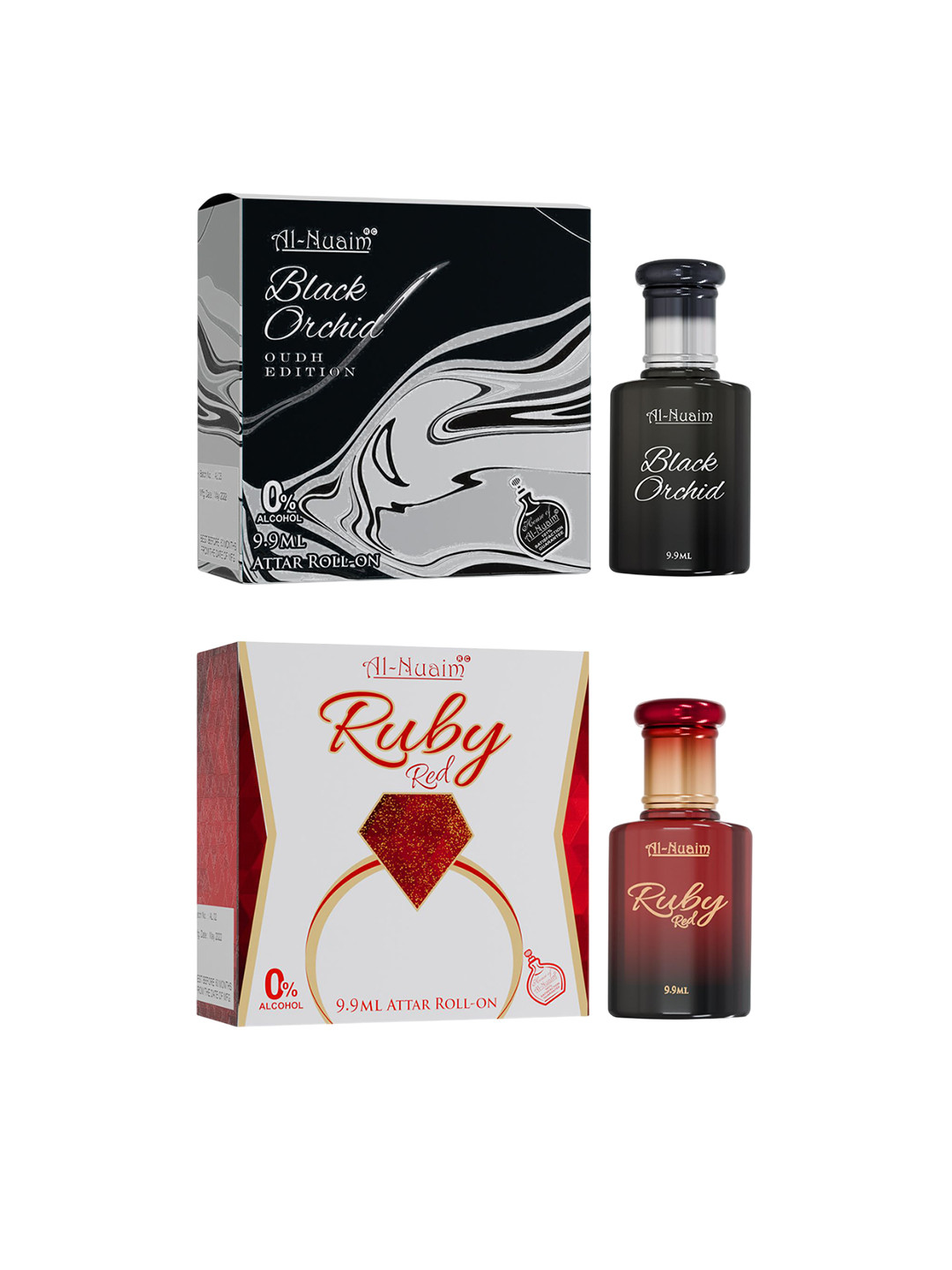Al-Nuaim Set Of 2 Alcohol Free Roll On Attar 9.9 ml Each - Black Orchid & Ruby Red