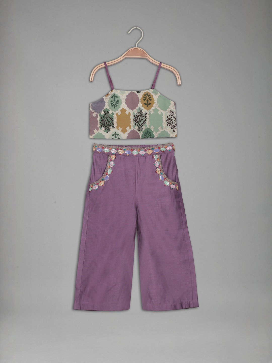 IRSIA Girls Printed Crop Top and Palazzo Pant Set With Pocket And Lace
