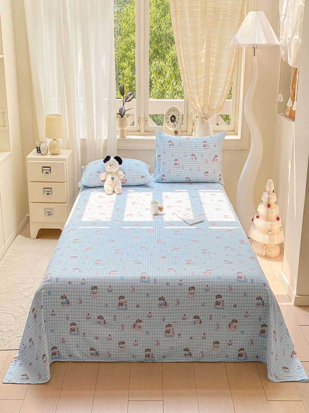 JC HOME Blue Checked 140 TC King Bedsheet Set 2m x 2.30m