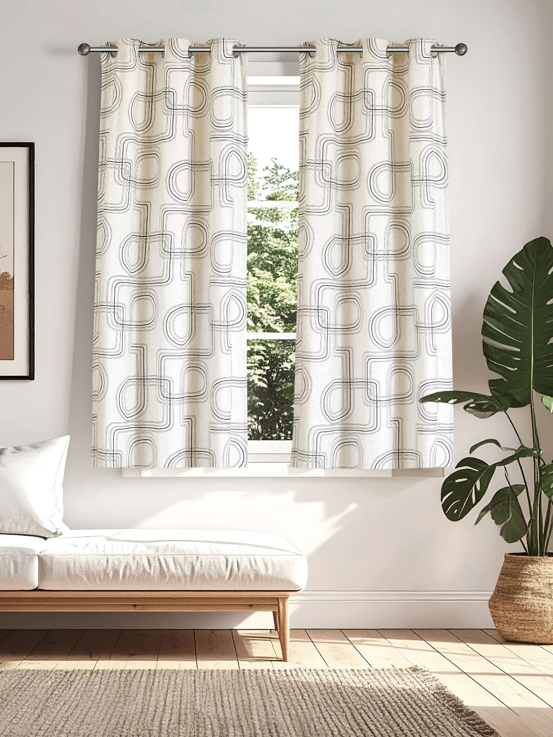 Home Centre Mellow Grey & Off White 2 Pieces Geometric Printed Window Curtains