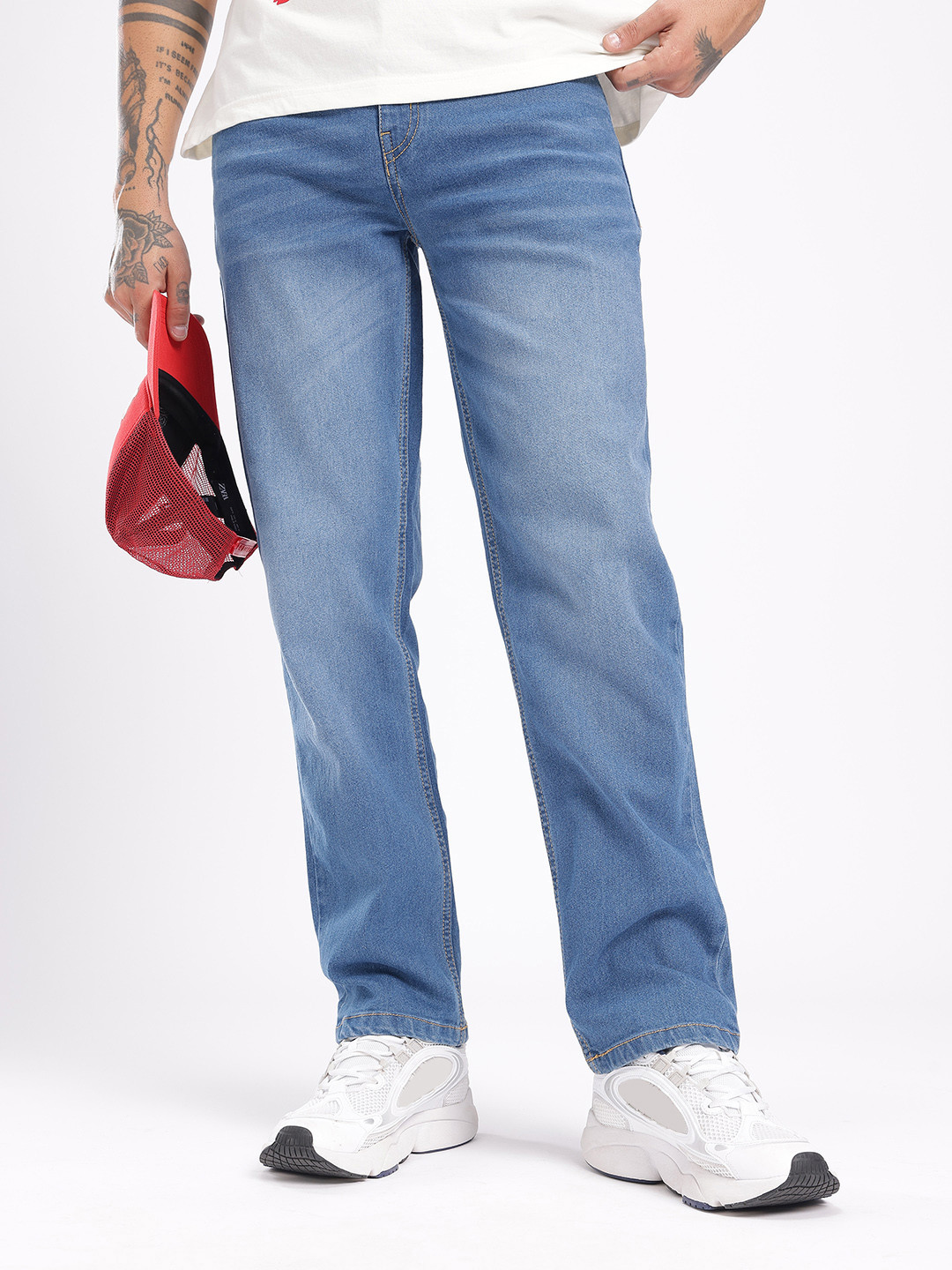 glitchez Men Relaxed Fit Light Fade Minimal Typography Embroidered Jeans