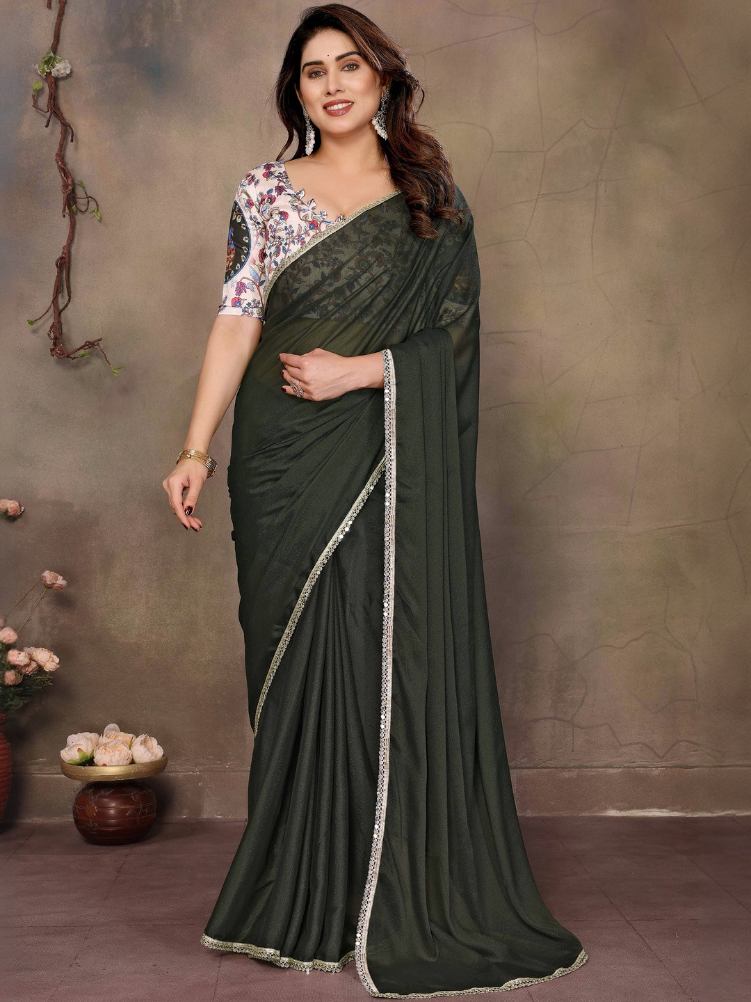 Mehendi Green Solid Georgette Saree with Unstitched Blouse Piece