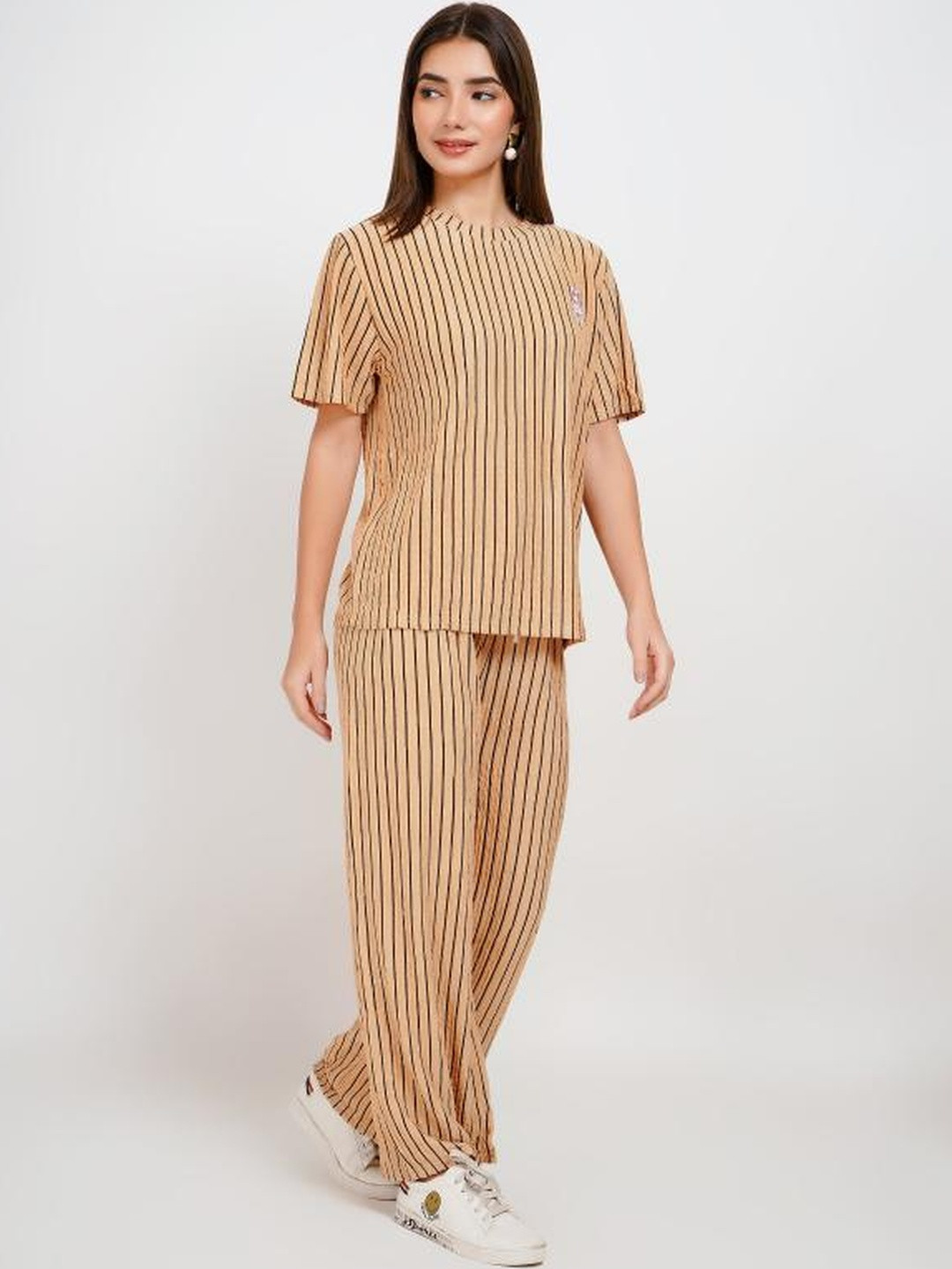 Stem RopeWomen Beige Cotton Blend Striped Co-ords Set