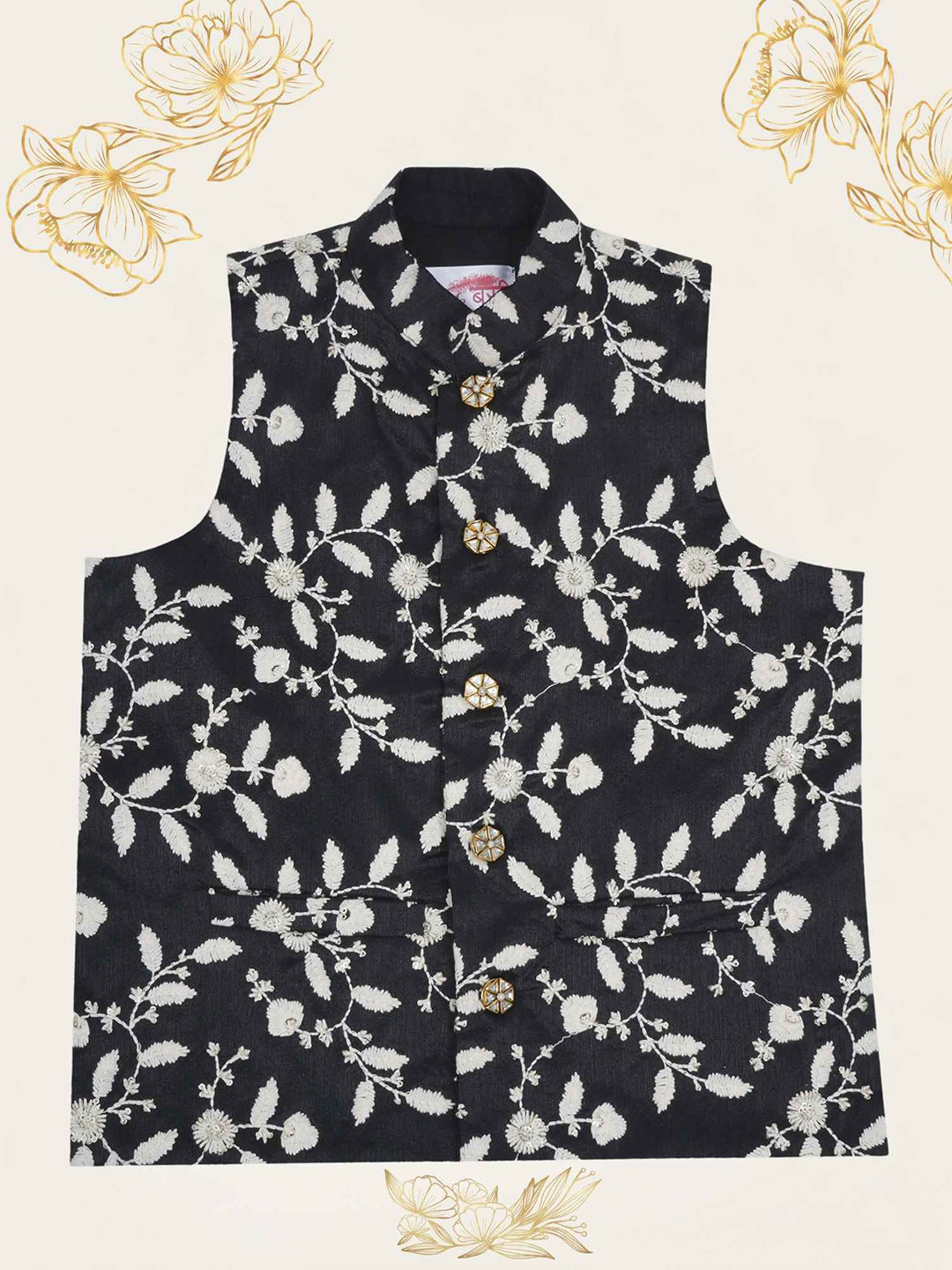 Little Bansi Boys Black Mulberry Silk Woven Sleeveless Floral Thread work Nehru Jacket