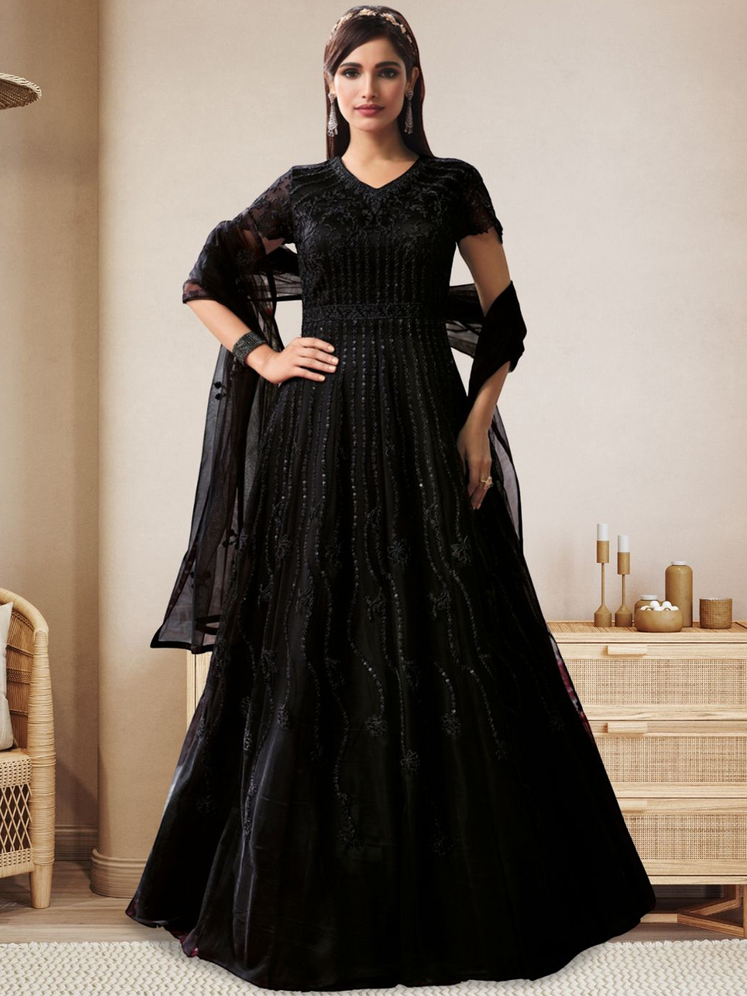 Stylee LIFESTYLE Embroidered Semi-Stitched Net Dress Material