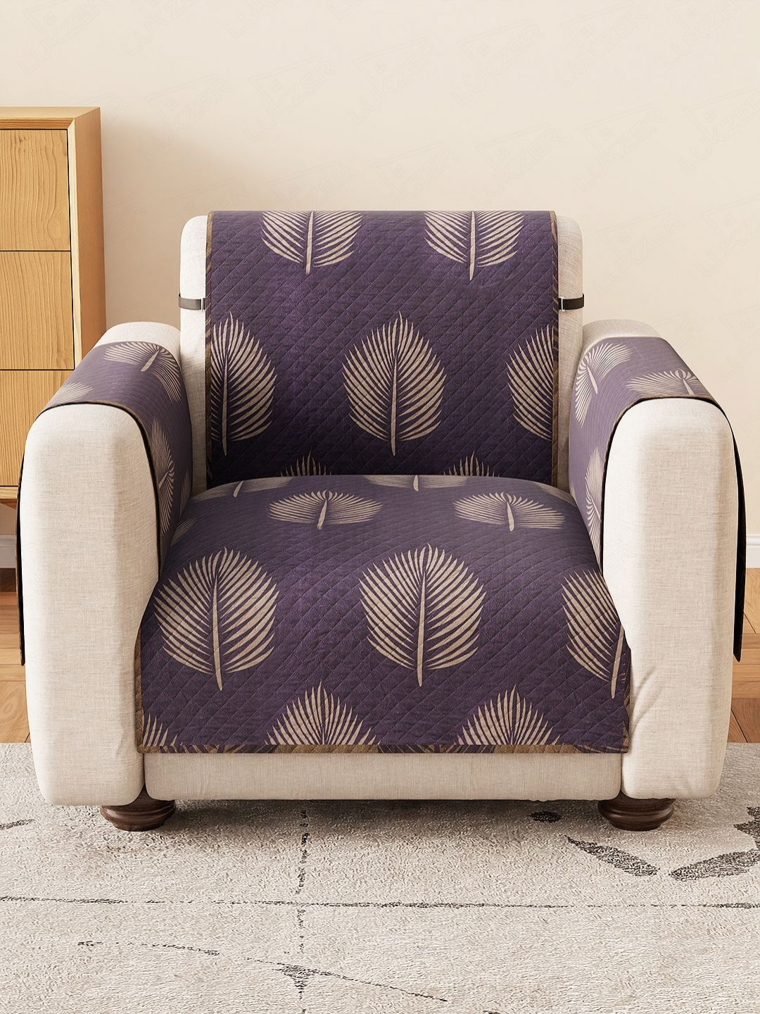 Lukzer Violet & Beige Bloom Printed Reversible 1 Seater Sofa Cover With Arms
