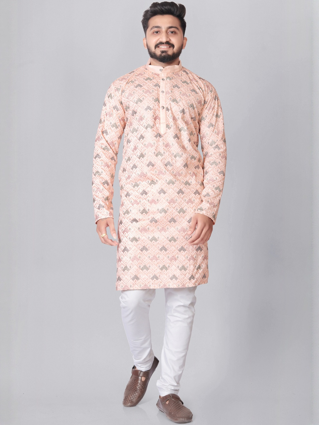 AARUKART Men Woven Design Mandarin Collar Kurta