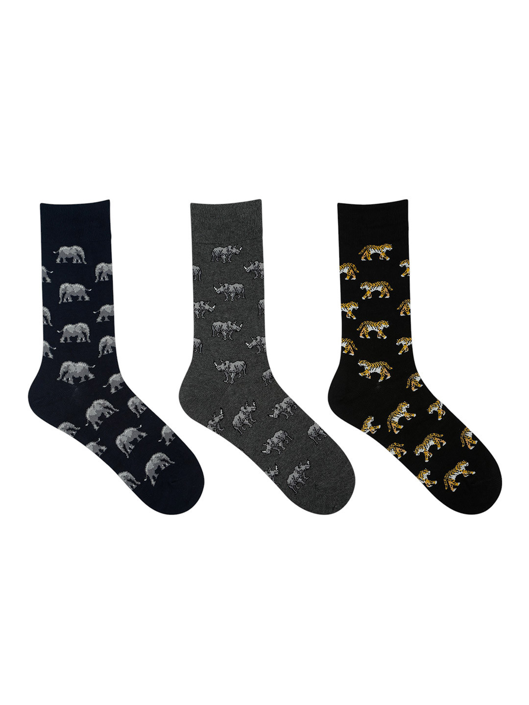 Socksxpress WWF Men Pack of 3 Rhino, Elephant, Tiger Patterned Cotton Calf-Length Socks