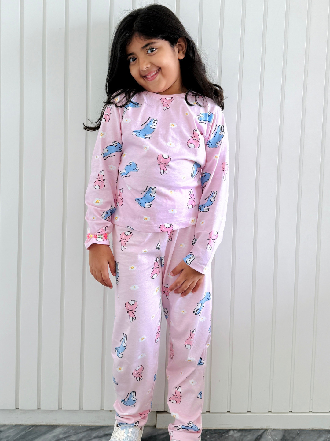 Nap Chief Girls Bunny Floral Printed Pure Cotton Night Suit