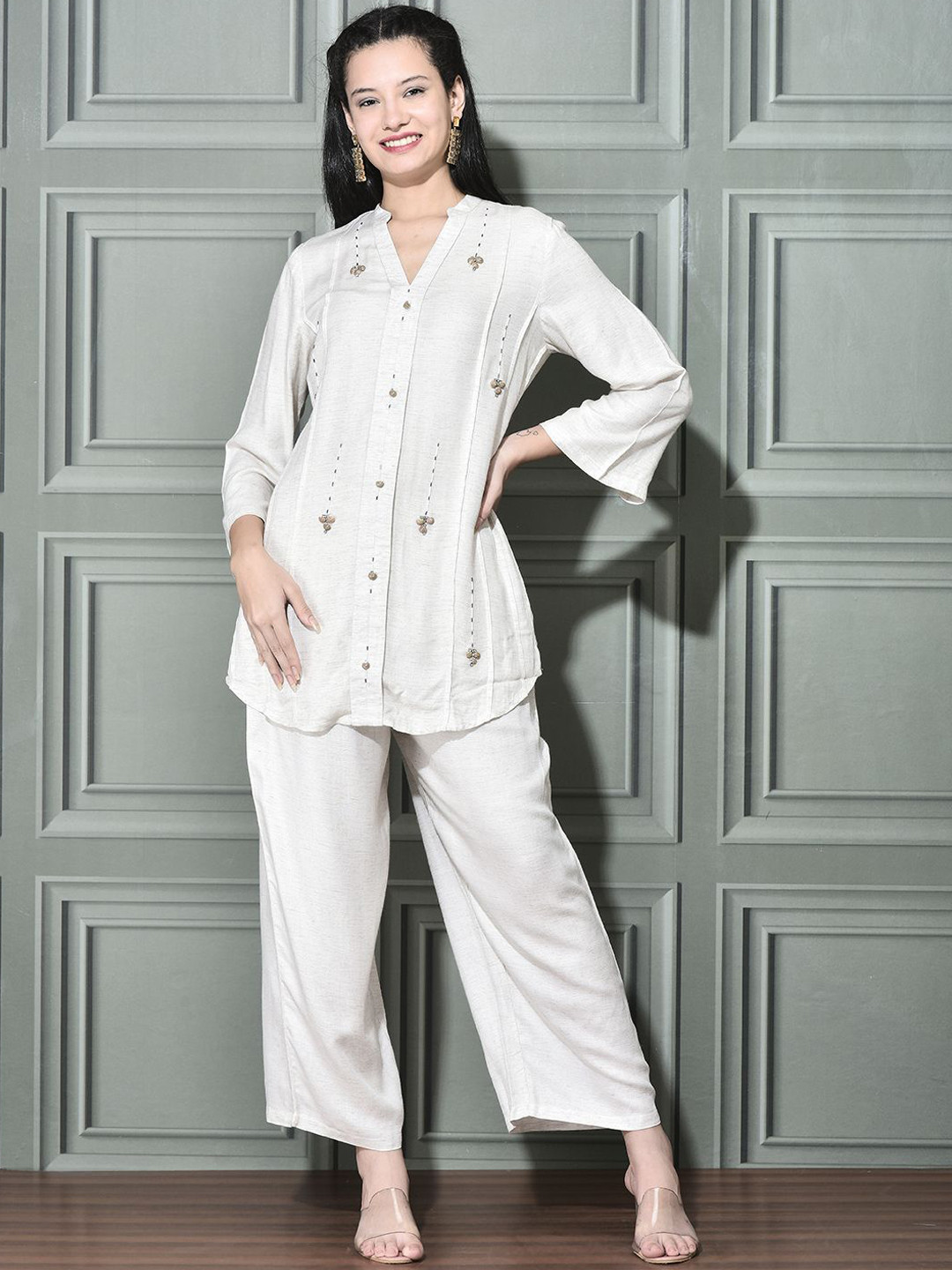 FFU Embroidered Mandarin Collar Stones And Beads Tunic With Trousers