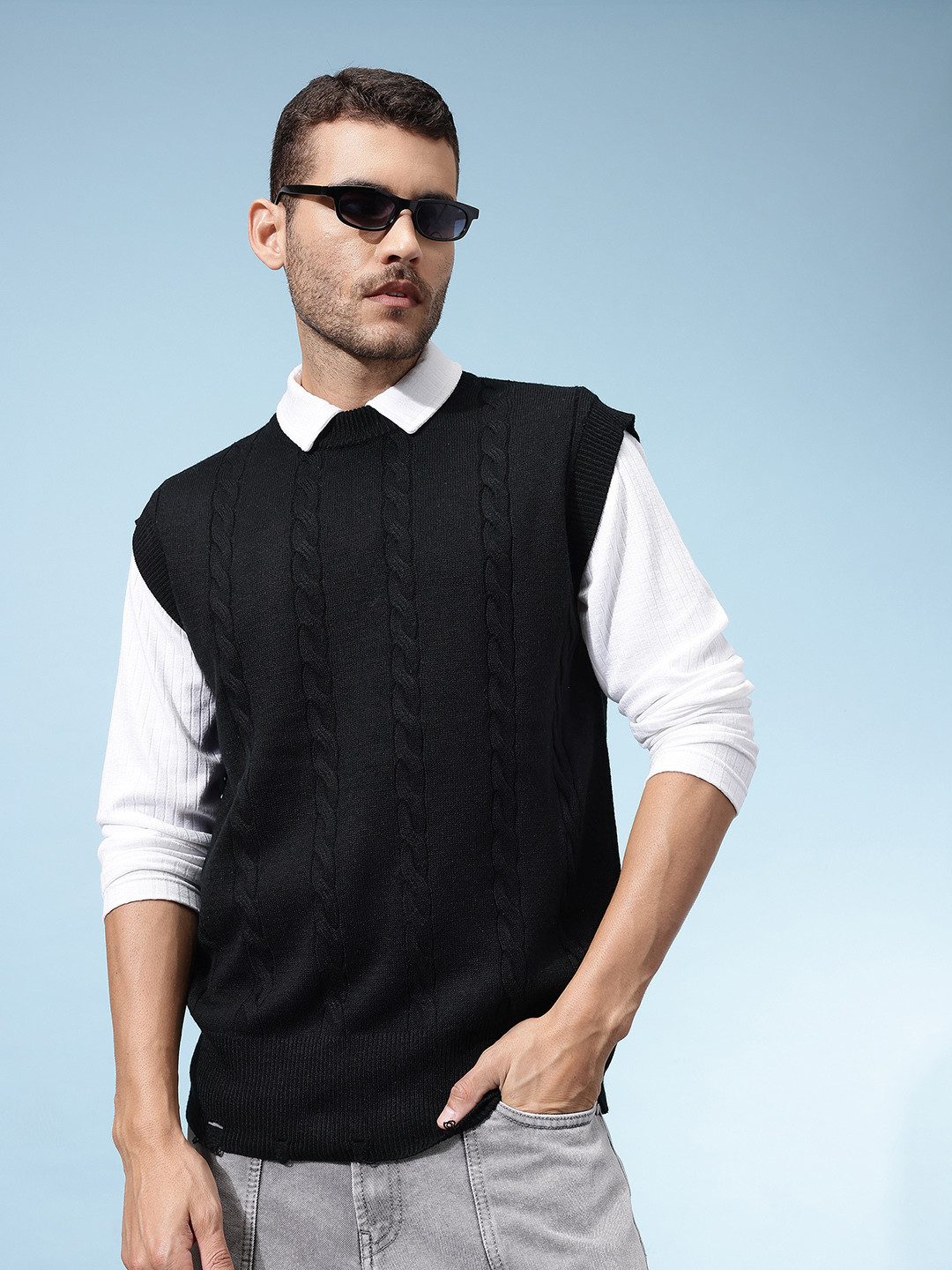 glitchez Cable Knit Acrylic Sweater Vest with Frayed Edges