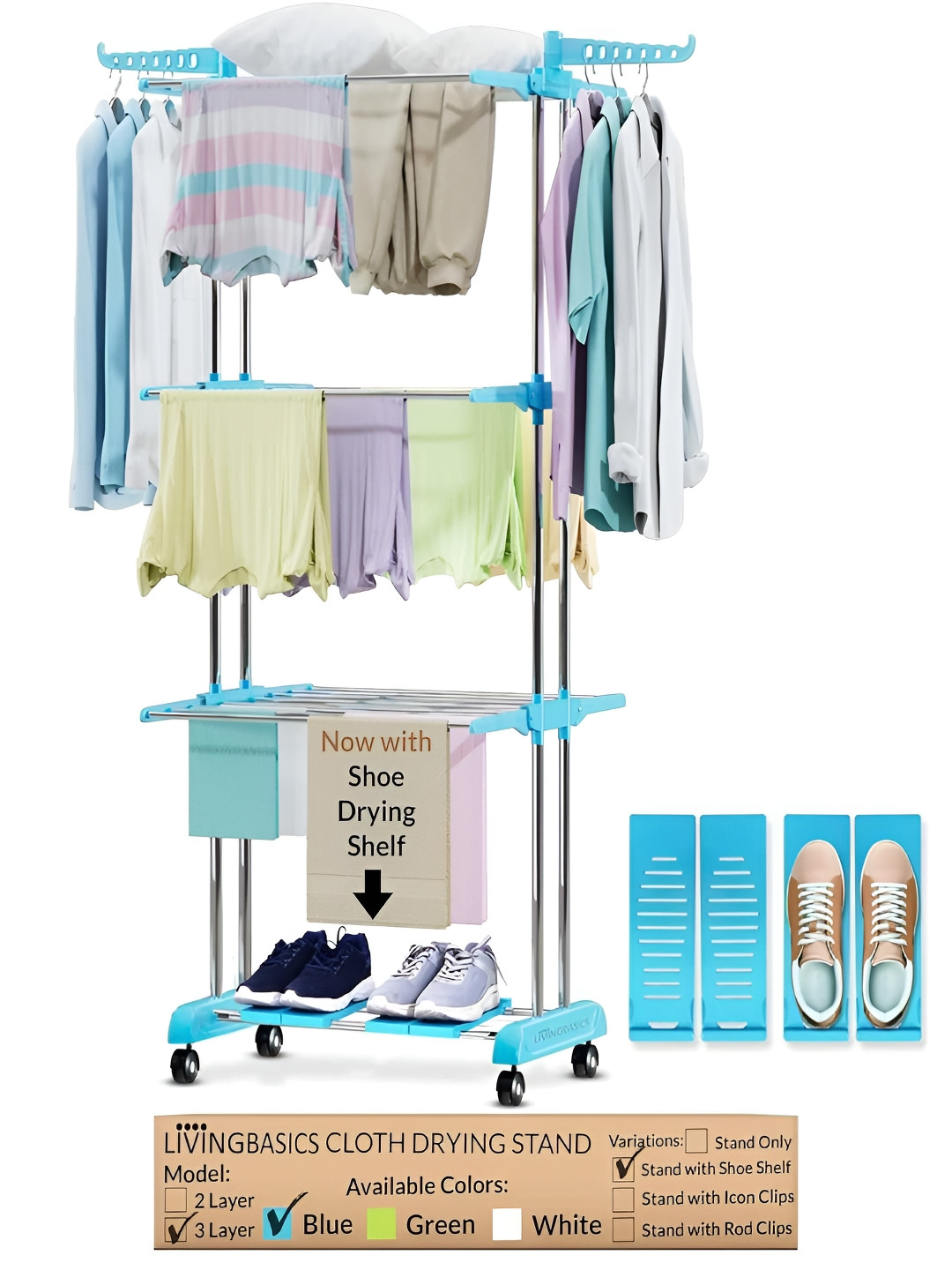 LivingBasics Blue & Silver 2-Layer Foldable Cloth Stand