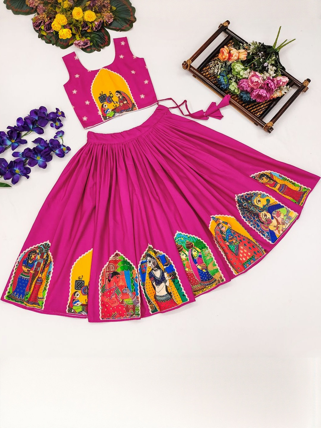 RJ ONLINE Girls Printed U-Neck Ready to Wear Cotton Lehenga Choli