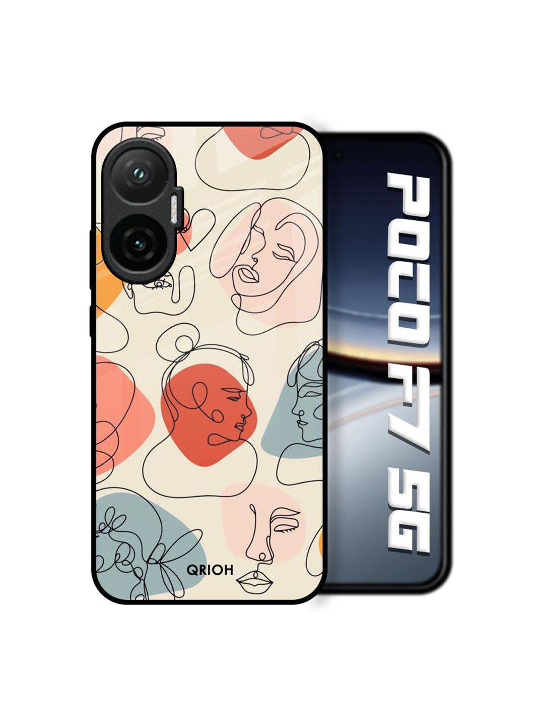 QRIOH Unisex Poco F7 5G Quirky Abstract Faces Shockproof Glass Back Case