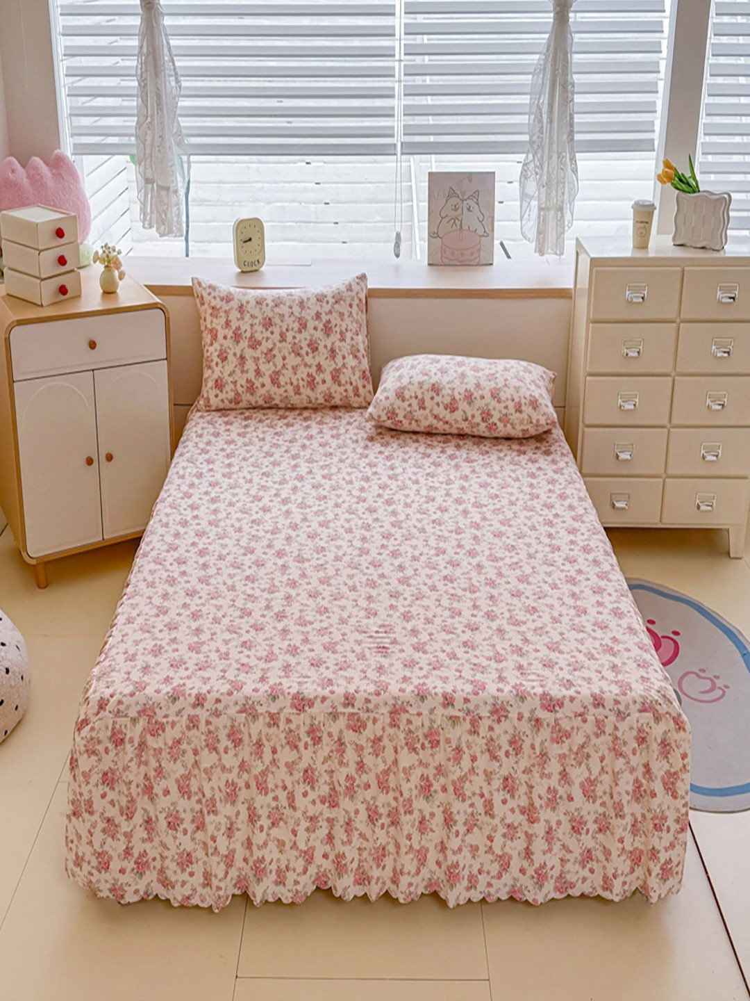 JC HOME Rose & Pink Floral 140 TC Fitted Double Queen Bedsheet Set 1.50 m x 2 m