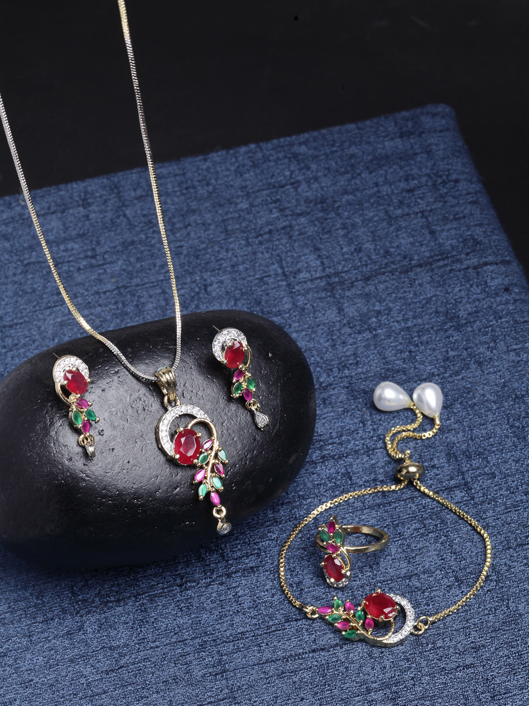 ZENEME Gold Plated American Diamond Studded Jewellery Set