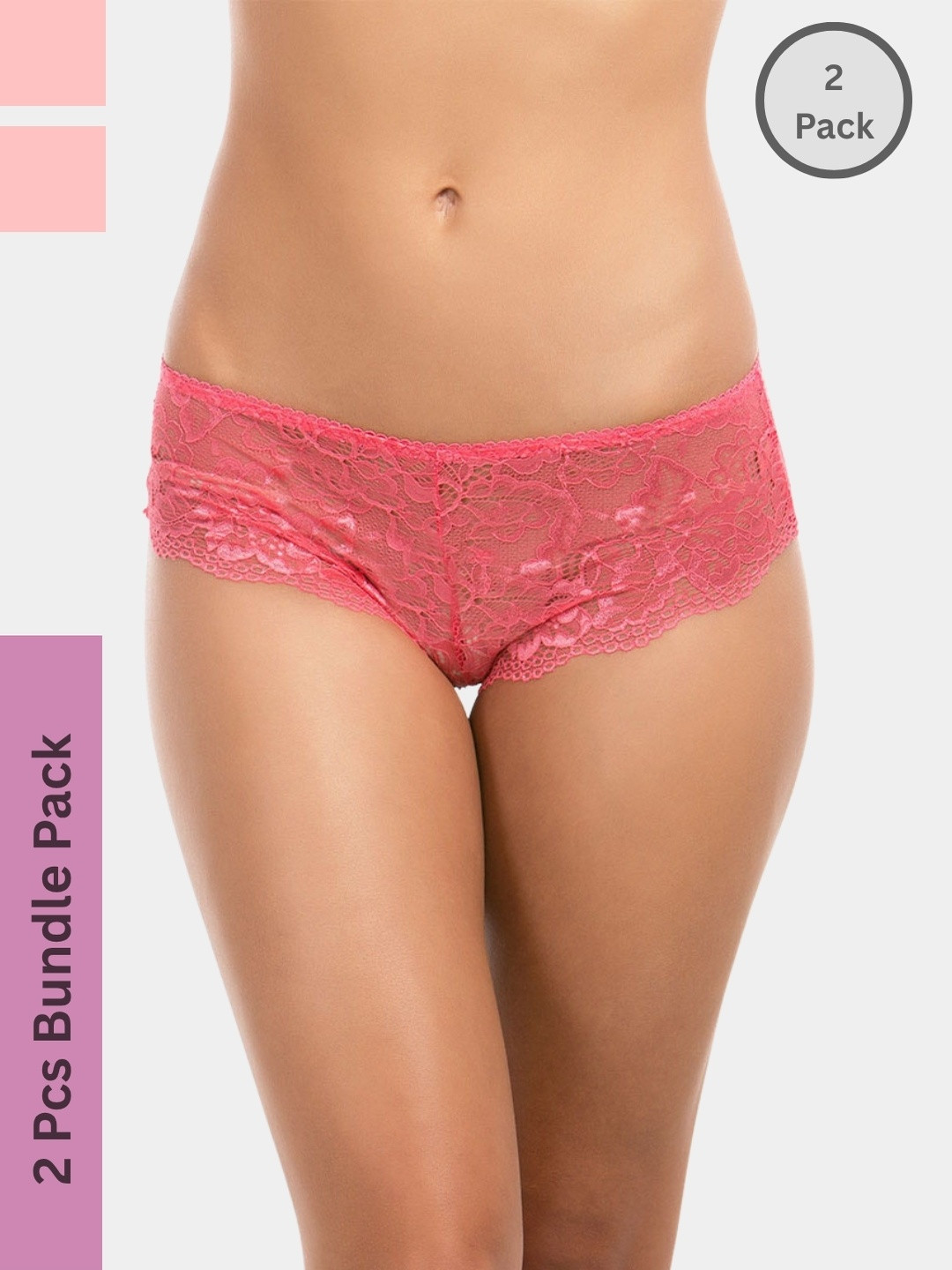 SweetFlirt Enterprises Women Set Of 2 Light Pink Lace Boyshort Panty