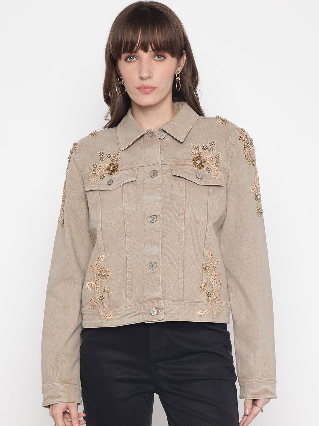 GUESS Women Spread Collar Floral Printed Pure Cotton Denim Jacket