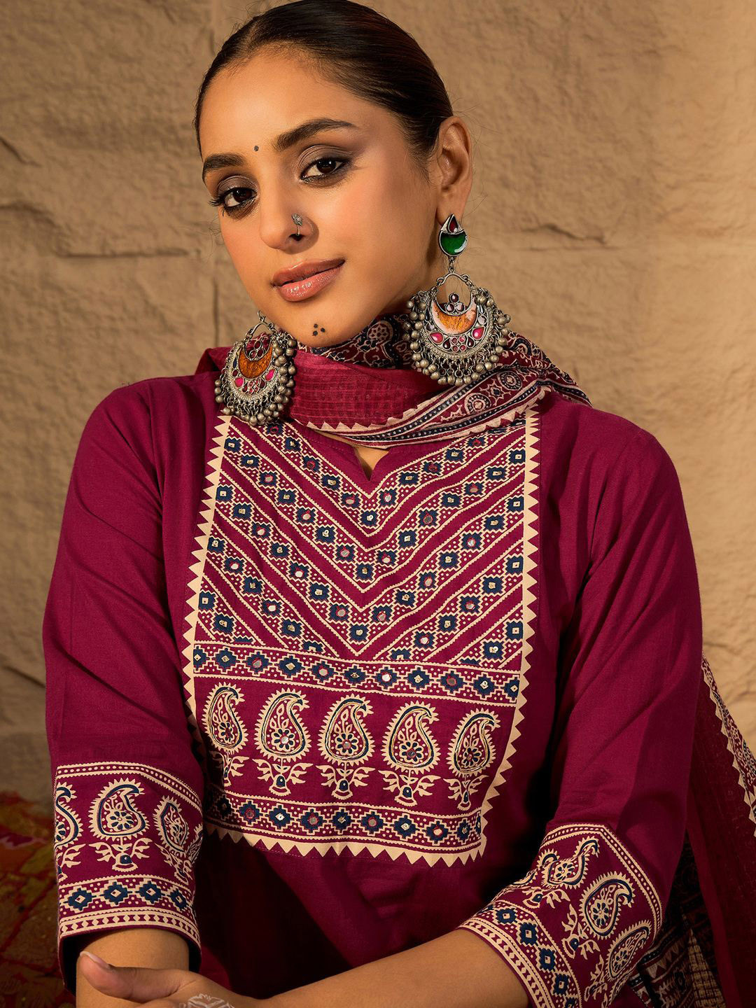 Indo Era Yoke Design Printed Notch-Neck Cotton Straight Kurta With Trousers And Dupatta