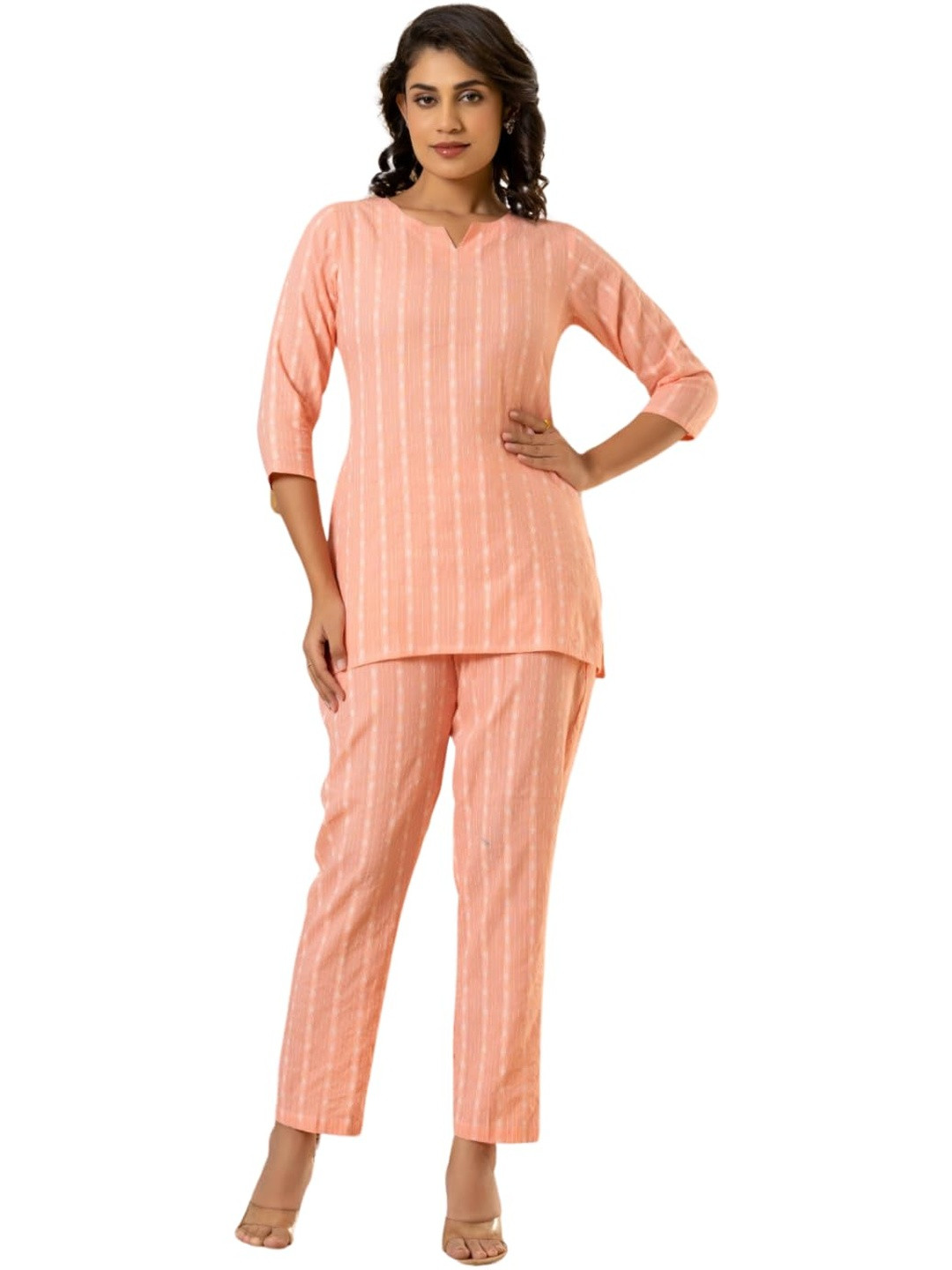 PUSHPRAJ FASHION Women's Katha Cotton Round Neck Half Sleeves Striped Pritned Regular Fit Kurta Set (Peach -2XL)