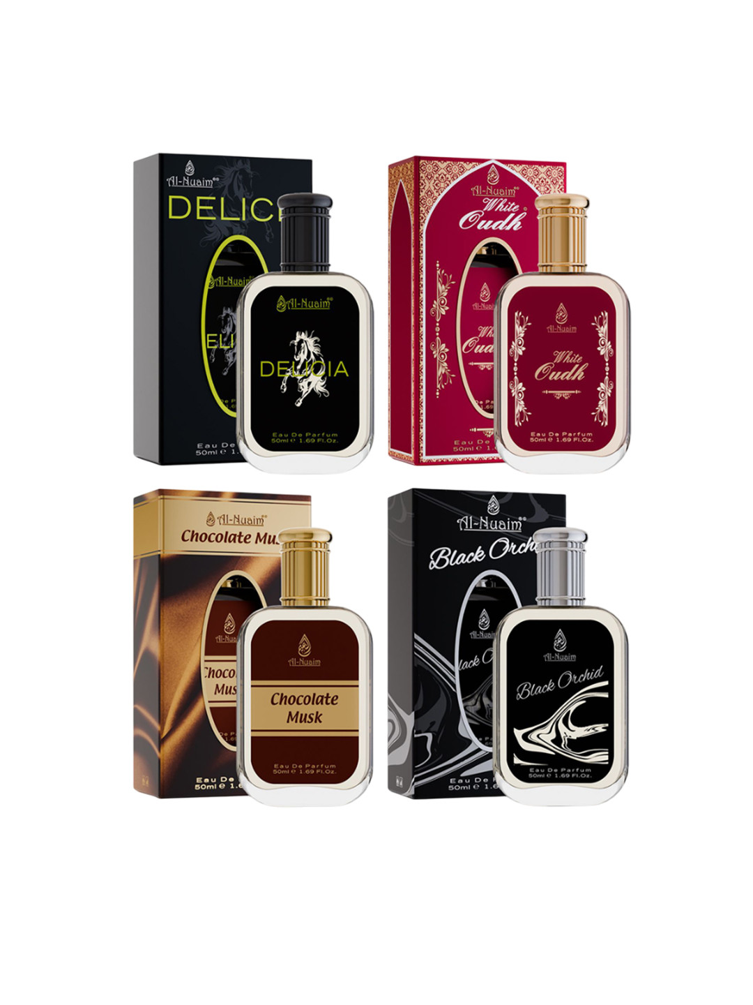 Al-Nuaim Set Of 4 EDP 50ml Each - Black Orchid, Chocolate Musk, Delicia & White Oudh