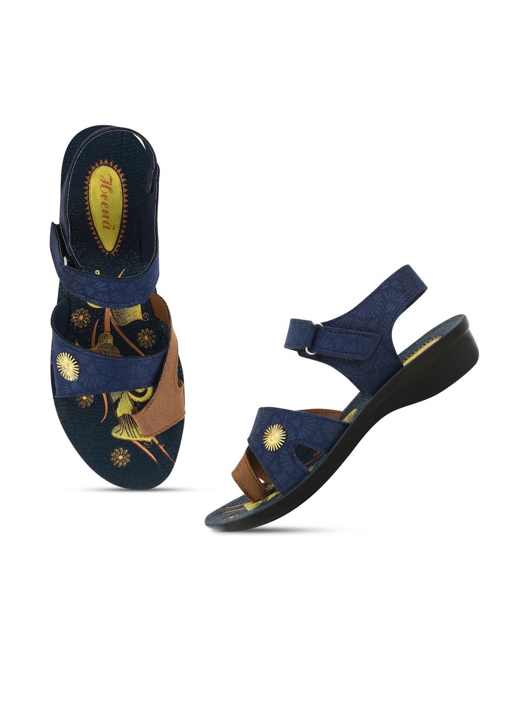 Heenaplus Women Navy Blue Floral PU Velcro Wedges Sandals