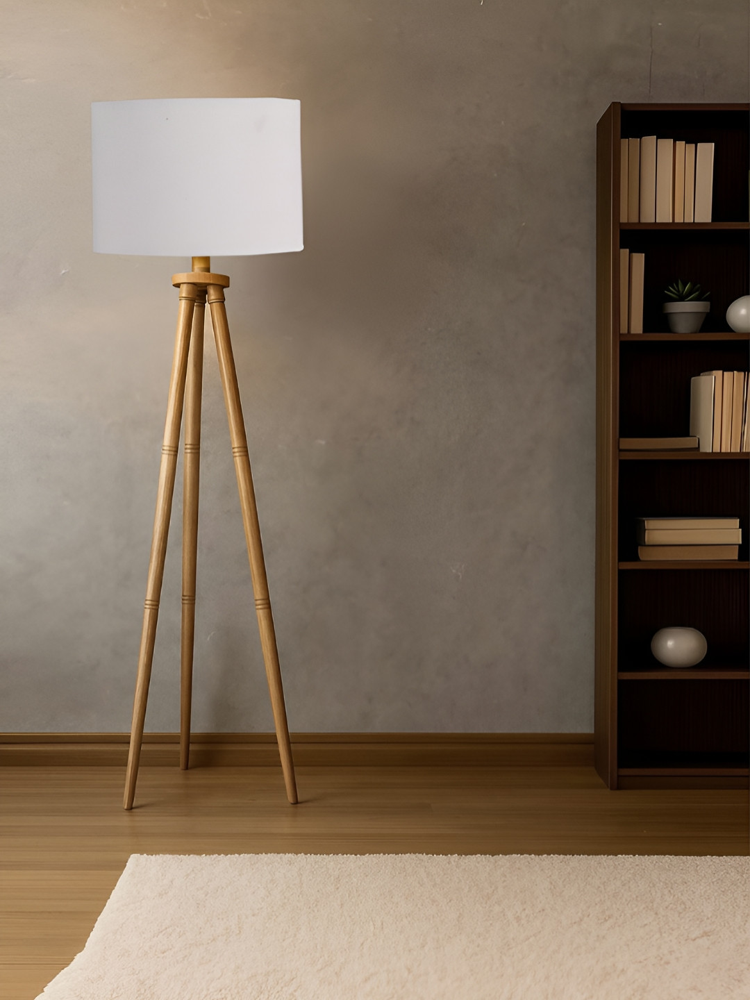 Devansh Drum Shade Wooden Tripod Floor Lamp
