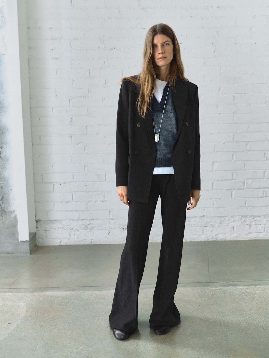 MANGO Vertically Striped Peaked Lapel Collar Double-Breasted Regular Fit Formal Blazer