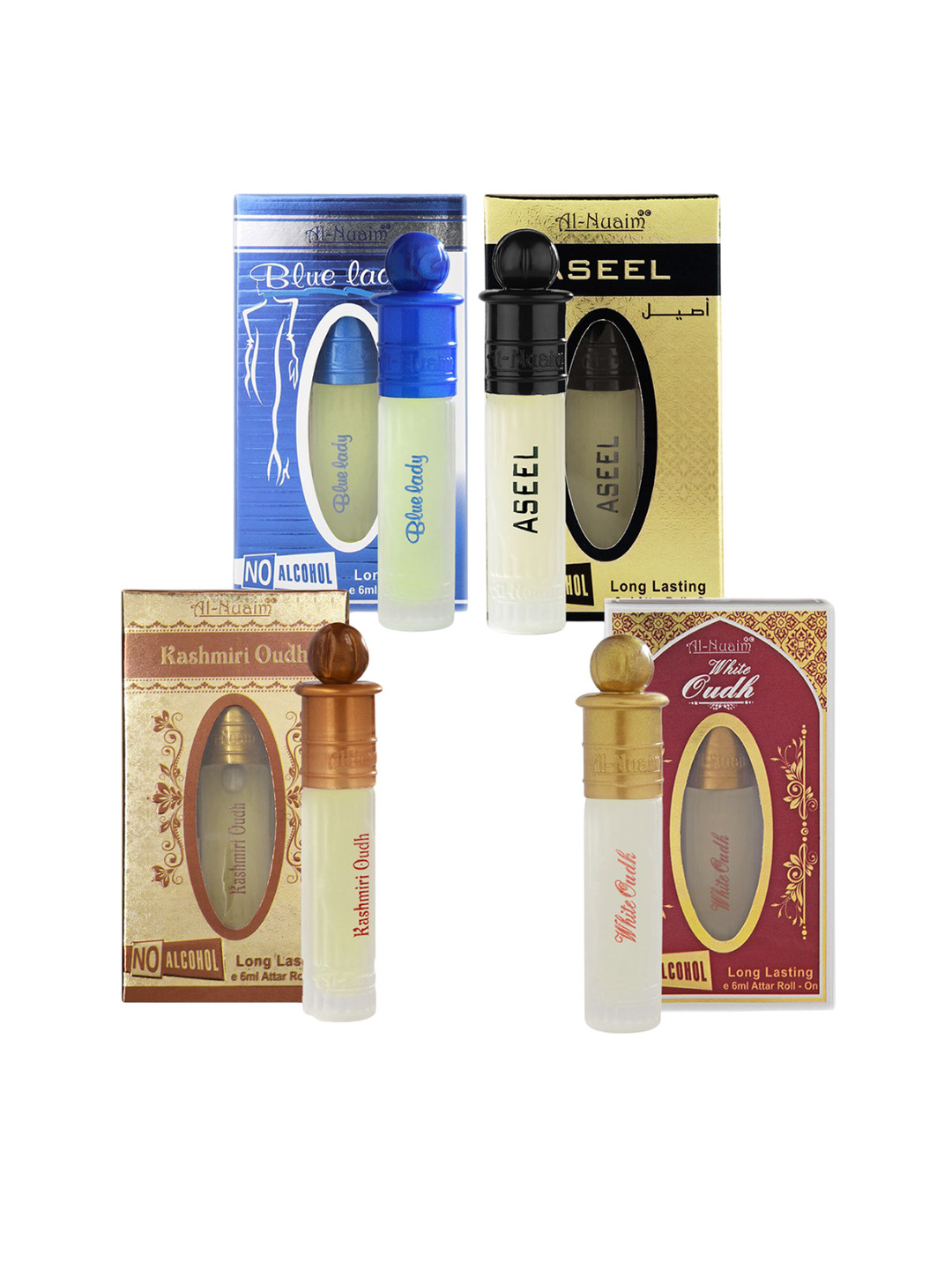 Al-Nuaim Set Of 4 Roll On Attar 6ml Each - Blue Lady + Aseel + Kashmiri Oudh + White Oudh