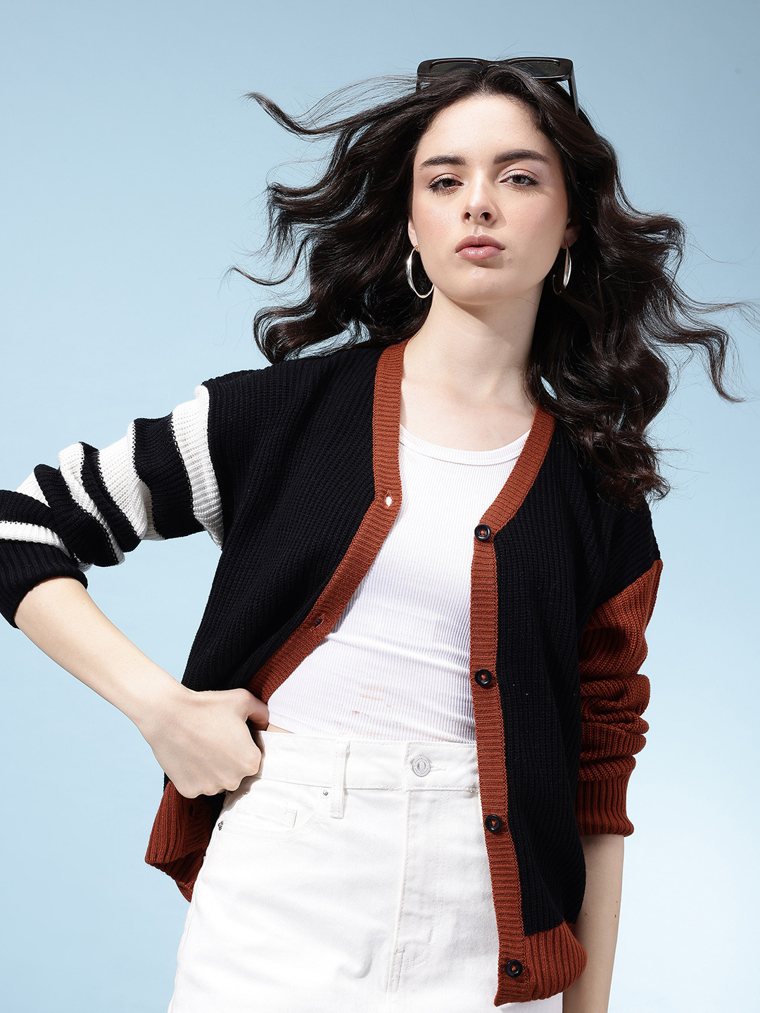 glitchez Colourblocked V-Neck Drop-Sleeves Acrylic Relaxed Fit Button-Down Cardigan