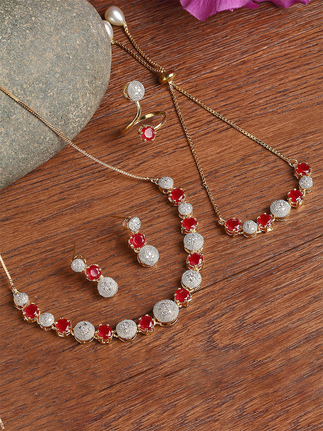 ZENEME Gold-Plated Red & White American Diamond Studded Jewellery Set