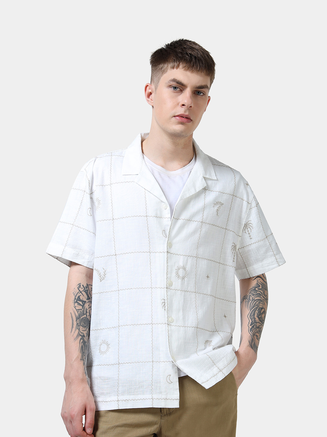 StitchX Men's Half Sleeve Embroidered Grid Pattern Cuban Collar Shirt