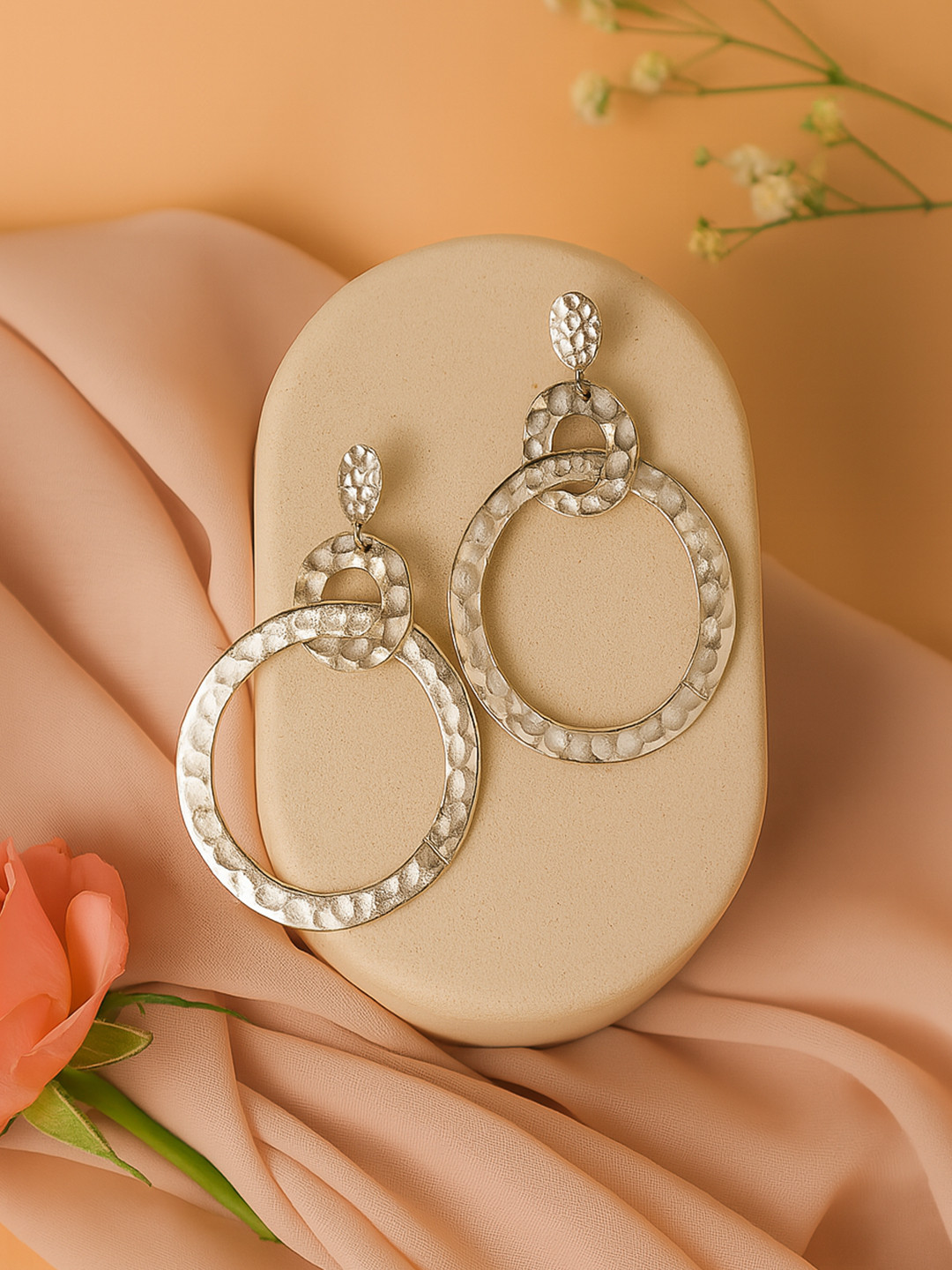 Estele Gold Plated Circular Designer Beaten Gold Earrings