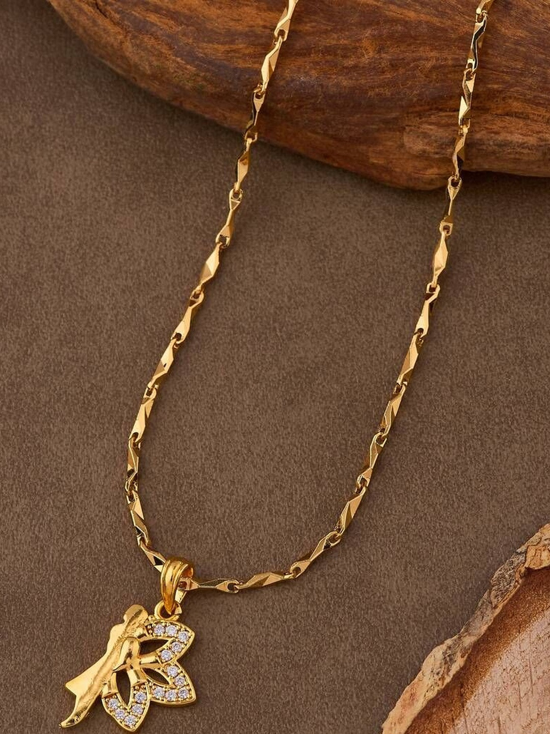 NKR GOLD Women Brass Leaf & Angel Gold-Plated American Diamond Pendant Necklace