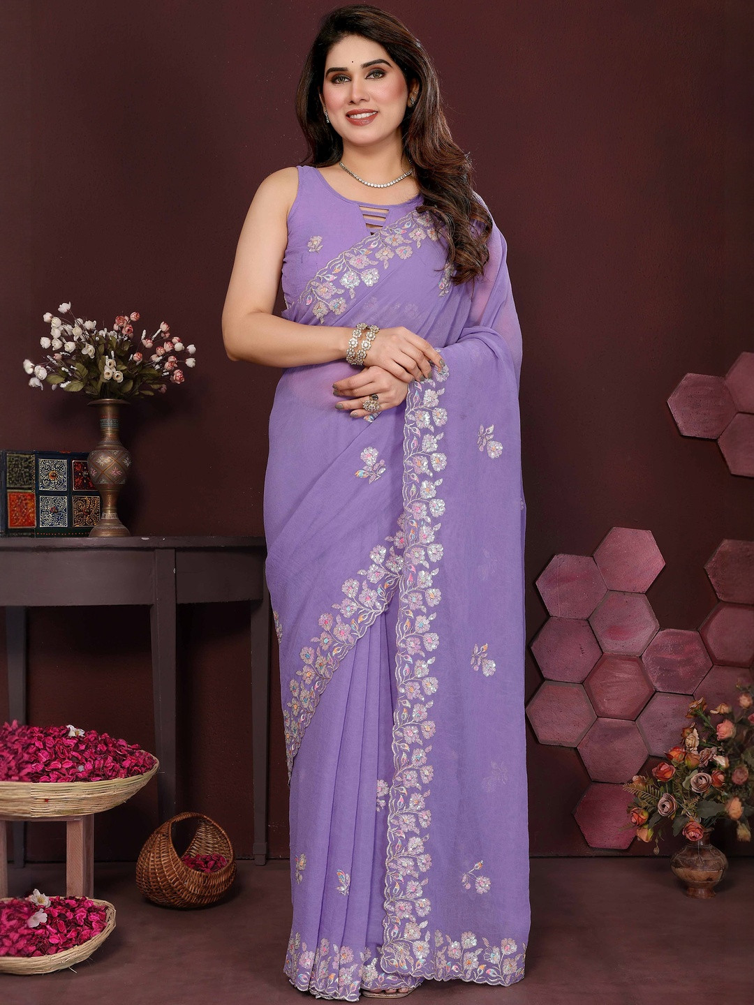 Lavender Floral Sequin Embroidery Georgette Saree with Unstitched Blouse Piece