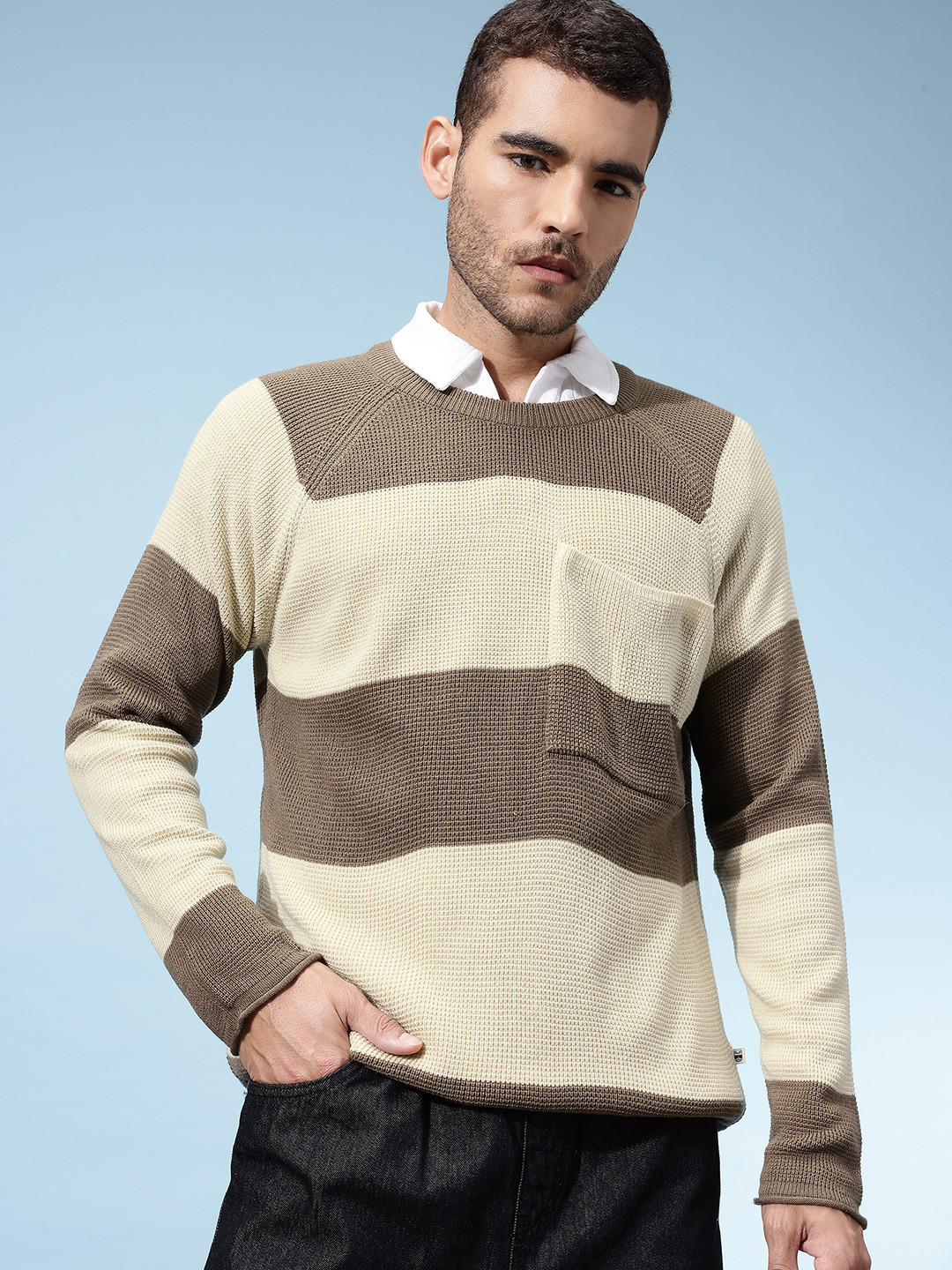 glitchez Horizontally Self-Striped Raglan Sleeves Acrylic Pullover