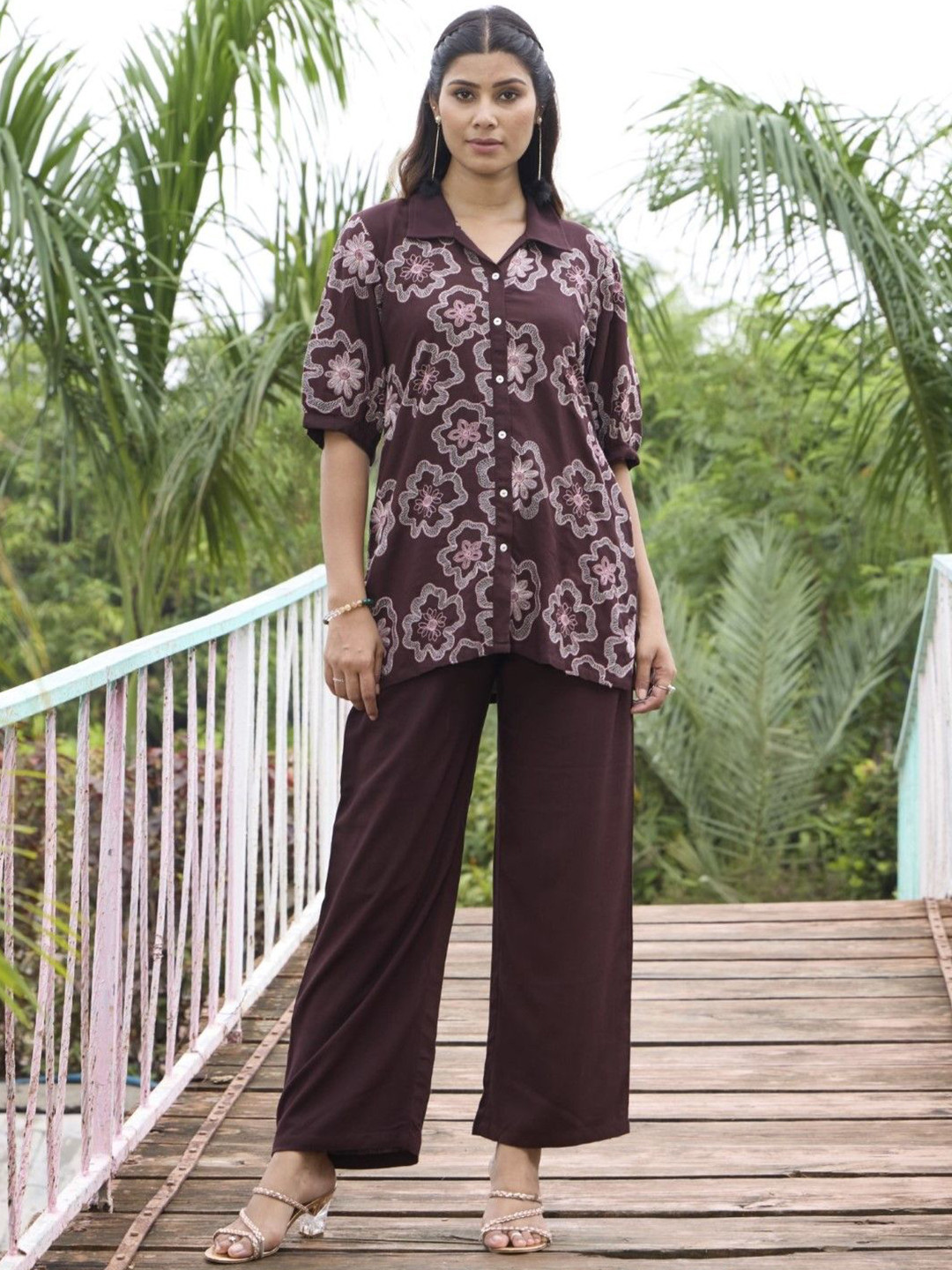 AUTUMN LANE Sharad Jam Embroidered Shirt Collar Pure Cotton Shirt With Trousers Co-Ords