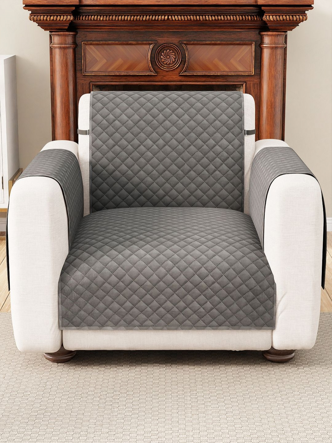 Lukzer Silver-Toned Quilted Velvet Sofa Cover With Arms