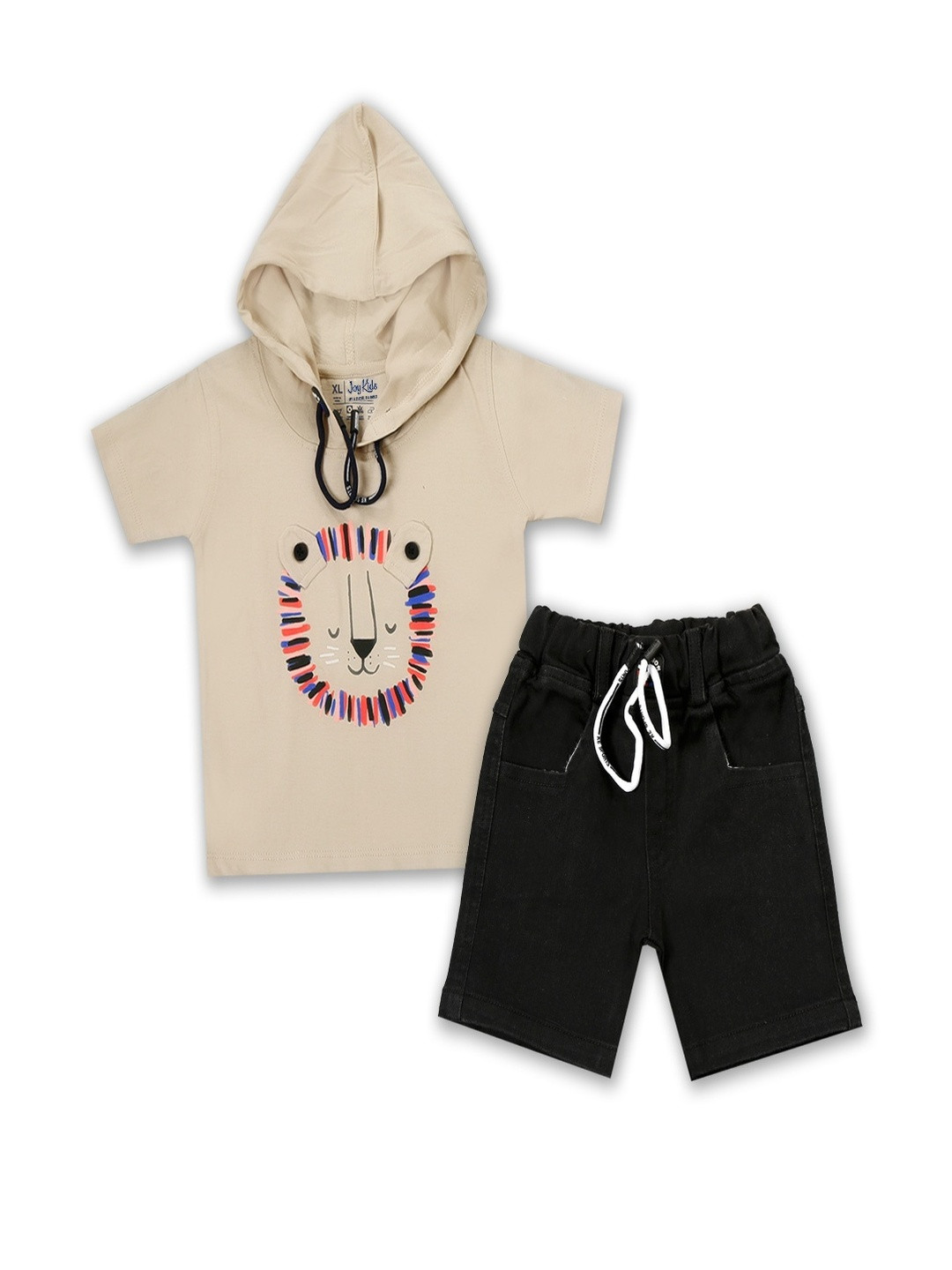 Joy Kids Boys Short Sleeve Hooded Lion T-shirt with Black Denim Shorts